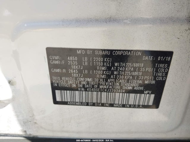 Aukcja sprzedaży 2018 Subaru Outback 3.6r Touring, vin: 4S4BSETC4J3293404, numer aukcji: 44769800