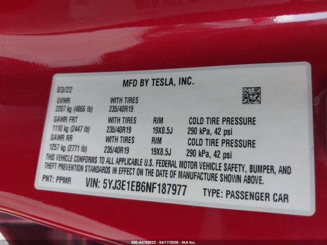 Aukcja sprzedaży 2022 Tesla Model 3 Long Range Dual Motor All-wheel Drive, vin: 5YJ3E1EB6NF187977, numer aukcji: 44769822