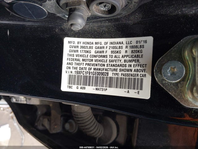 2016 Honda Civic Touring მანქანა იყიდება აუქციონზე, vin: 19XFC1F91GE009028, აუქციონის ნომერი: 44769831