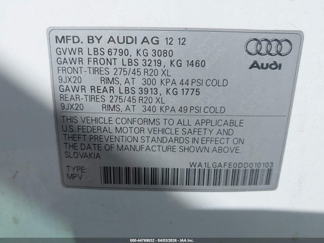 Продаж на аукціоні авто 2013 Audi Q7 3.0t Premium, vin: WA1LGAFE0DD010103, номер лоту: 44769832