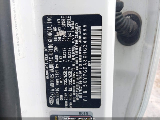 Aukcja sprzedaży 2017 Kia Sorento 2.4l Lx, vin: 5XYPGDA3XHG246666, numer aukcji: 44769834