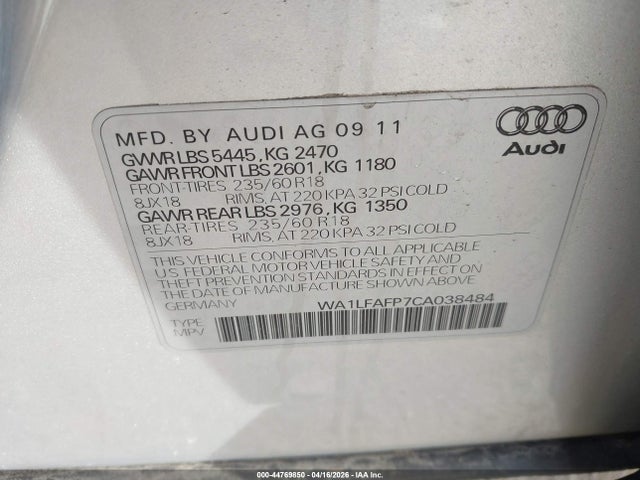 44769850 :رقم المزاد ، WA1LFAFP7CA038484 vin ، 2012 Audi Q5 2.0t Premium مزاد بيع