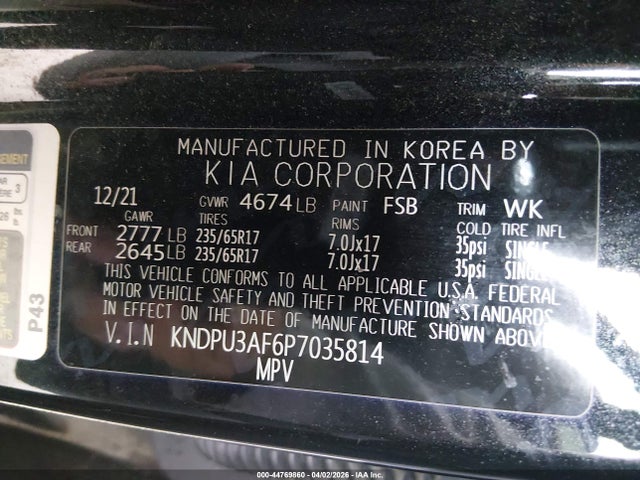 44769860 :رقم المزاد ، KNDPU3AF6P7035814 vin ، 2023 Kia Sportage Lx مزاد بيع