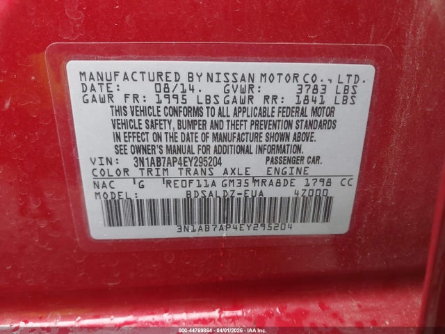 Продаж на аукціоні авто 2014 Nissan Sentra Sv, vin: 3N1AB7AP4EY295204, номер лоту: 44769864