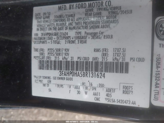 2011 FORD FUSION 3FAHP0HA5BR131624 Photo 8