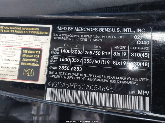 Продажа на аукционе авто 2012 Mercedes-benz Ml 350 4matic, vin: 4JGDA5HB5CA054695, номер лота: 44769874