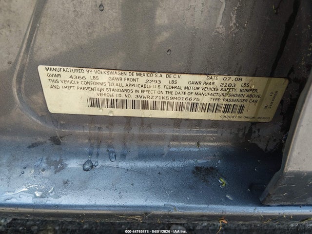 44769878 :رقم المزاد ، 3VWRZ71K59M016675 vin ، 2009 Volkswagen Jetta Se/sel مزاد بيع