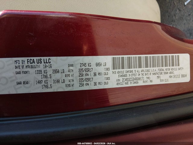 2017 Dodge Grand Caravan Sxt მანქანა იყიდება აუქციონზე, vin: 2C4RDGCG3HR600171, აუქციონის ნომერი: 44769902