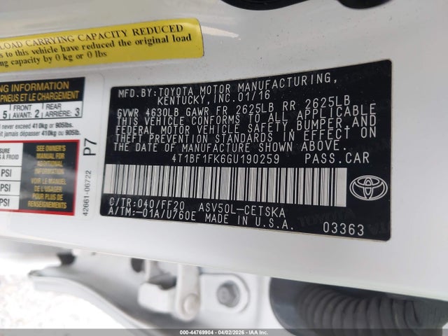 Toyota CAMRY SE 2016 4T1BF1FK6GU190259 Image 9