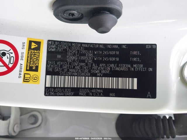 Продажа на аукционе авто 2019 Toyota Highlander Xle, vin: 5TDJZRFH8KS588368, номер лота: 44769908