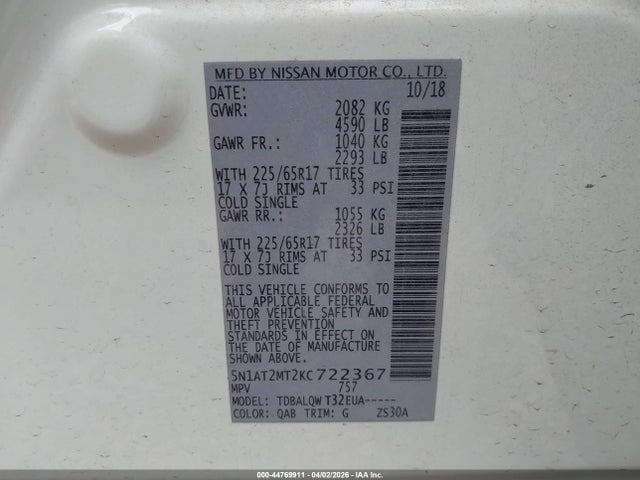 Auction sale of the 2019 Nissan Rogue Sv, vin: 5N1AT2MT2KC722367, lot number: 44769911