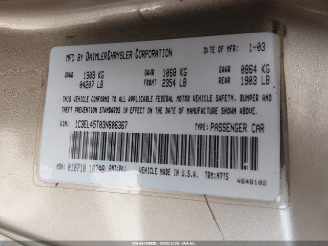 44769920 :رقم المزاد ، 1C3EL45T03N606367 vin ، 2003 Chrysler Sebring Lx مزاد بيع