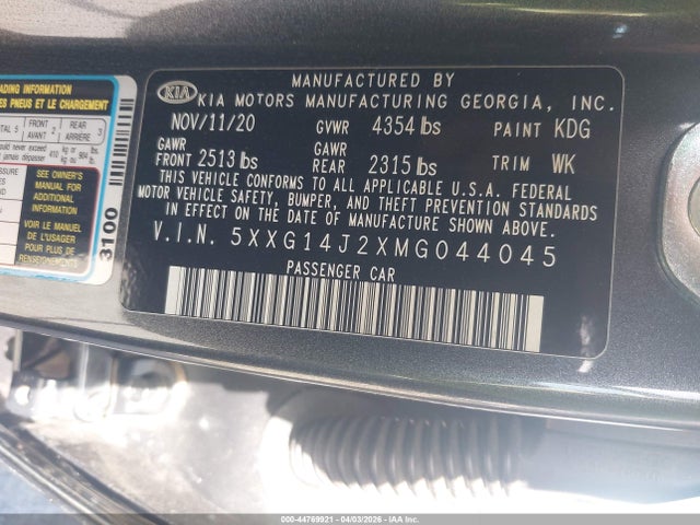 2021 Kia K5 Lxs მანქანა იყიდება აუქციონზე, vin: 5XXG14J2XMG044045, აუქციონის ნომერი: 44769921