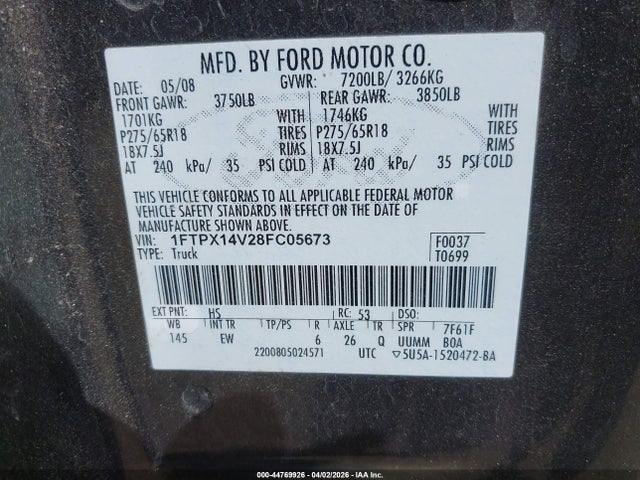 2008 Ford F-150 Fx4/lariat/xl/xlt მანქანა იყიდება აუქციონზე, vin: 1FTPX14V28FC05673, აუქციონის ნომერი: 44769926