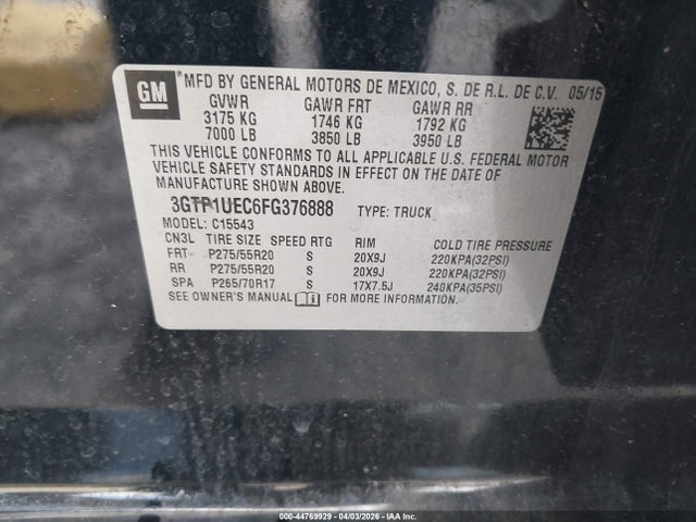 44769929 :رقم المزاد ، 3GTP1UEC6FG376888 vin ، 2015 Gmc Sierra 1500 Sle مزاد بيع