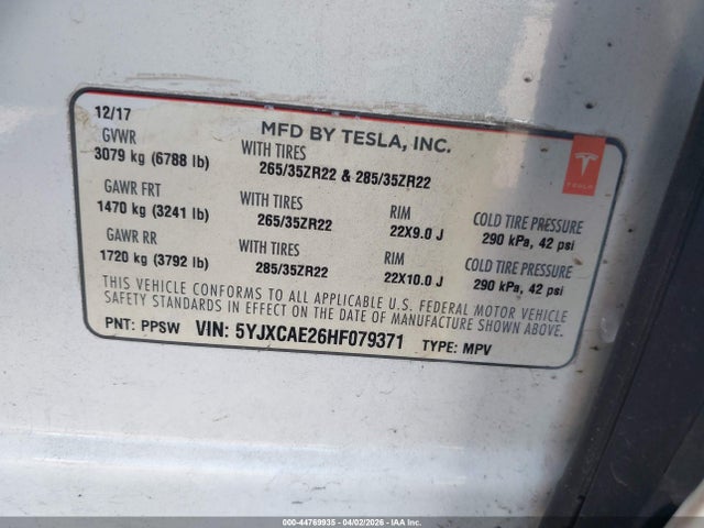 44769935 :رقم المزاد ، 5YJXCAE26HF079371 vin ، 2017 Tesla Model X 100d/75d/90d مزاد بيع