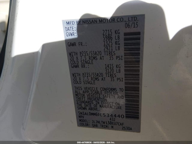 Aukcja sprzedaży 2015 Infiniti Qx60, vin: 5N1AL0MM6FC534440, numer aukcji: 44769936