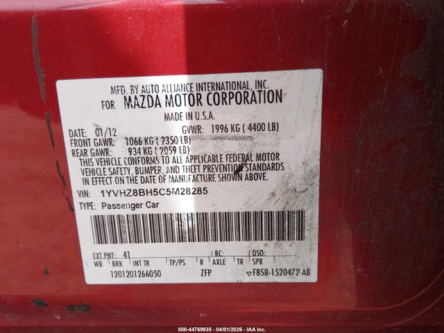 Продаж на аукціоні авто 2012 Mazda Mazda6 I Sport, vin: 1YVHZ8BH5C5M28285, номер лоту: 44769938