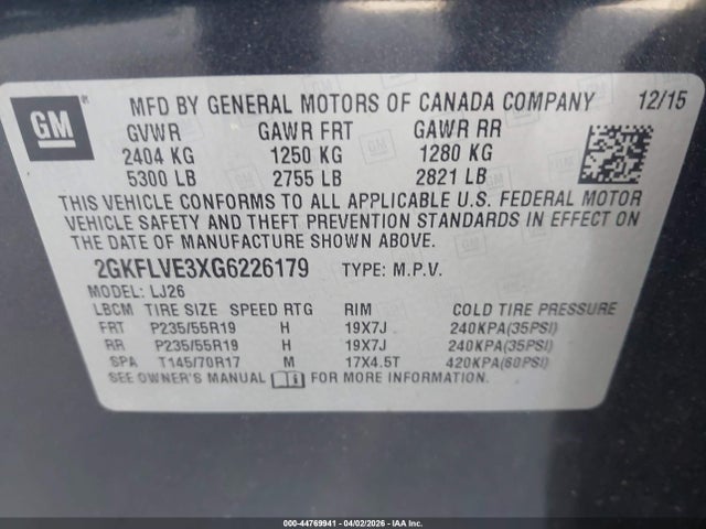 44769941 :رقم المزاد ، 2GKFLVE3XG6226179 vin ، 2016 Gmc Terrain Denali مزاد بيع