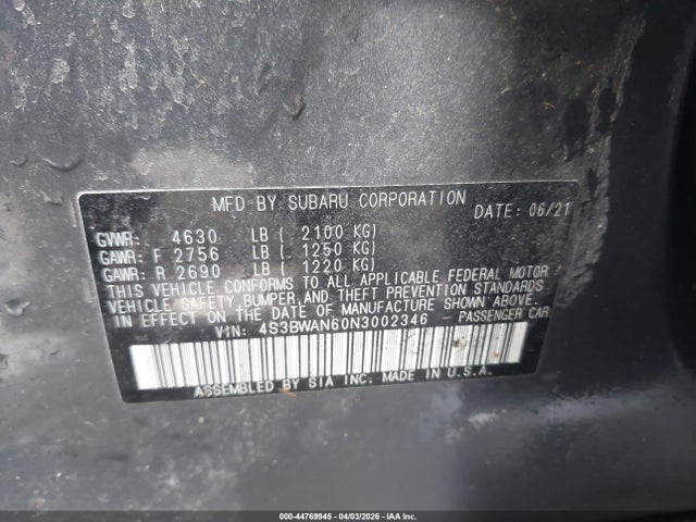 2022 Subaru Legacy Limited მანქანა იყიდება აუქციონზე, vin: 4S3BWAN60N3002346, აუქციონის ნომერი: 44769945