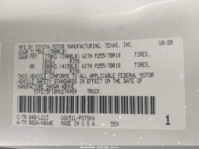 Продажа на аукционе авто 2021 Toyota Tundra Sr5, vin: 5TFEY5F18MX274989, номер лота: 44769949