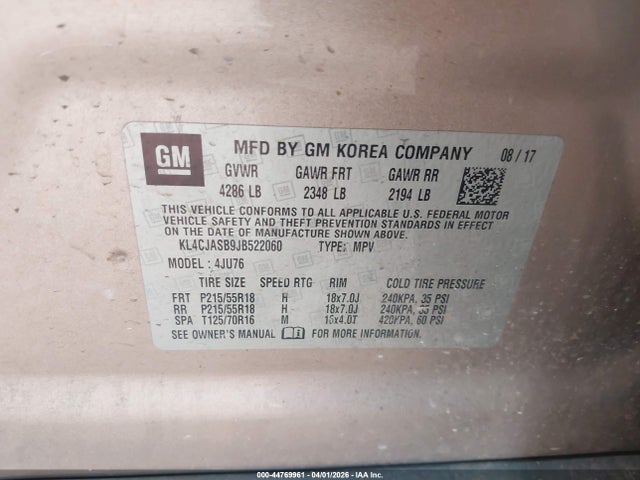 2018 Buick Encore Preferred მანქანა იყიდება აუქციონზე, vin: KL4CJASB9JB522060, აუქციონის ნომერი: 44769961