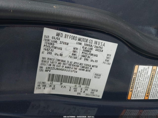 Продажа на аукционе авто 2003 Mercury Mountaineer, vin: 4M2ZU86K83UJ13754, номер лота: 44769968