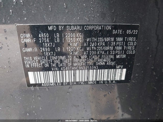 Продаж на аукціоні авто 2022 Subaru Outback Limited, vin: 4S4BTANC9N3255093, номер лоту: 44769987