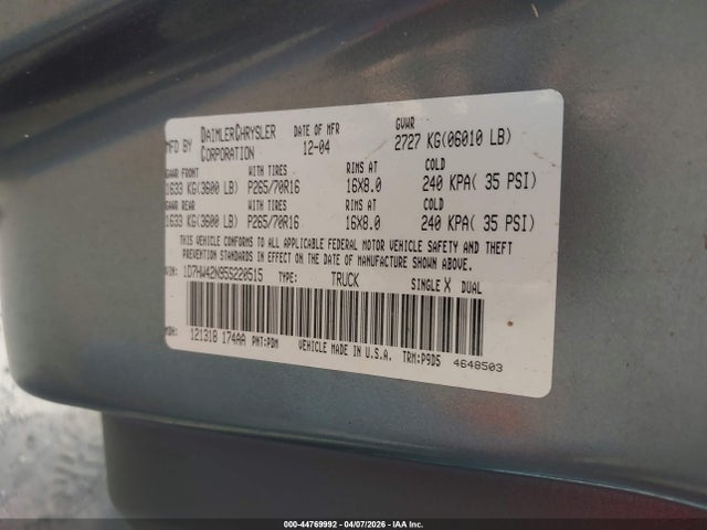 Aukcja sprzedaży 2005 Dodge Dakota Slt, vin: 1D7HW42N95S220515, numer aukcji: 44769992
