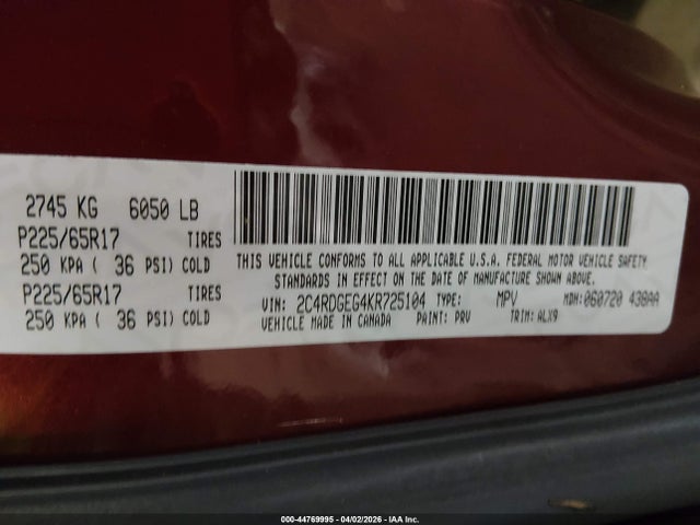 Продаж на аукціоні авто 2019 Dodge Grand Caravan Gt, vin: 2C4RDGEG4KR725104, номер лоту: 44769995
