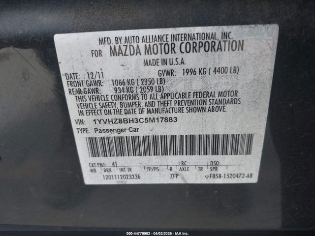 2012 Mazda Mazda6 I Sport მანქანა იყიდება აუქციონზე, vin: 1YVHZ8BH3C5M17883, აუქციონის ნომერი: 44770002