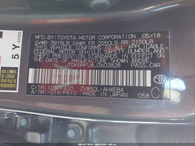 JTDKBRFU8J3603828 Toyota Prius Two