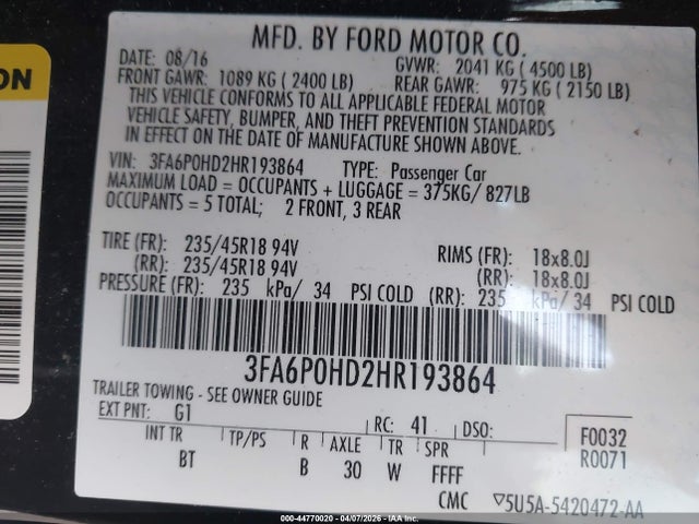 2017 Ford Fusion Se მანქანა იყიდება აუქციონზე, vin: 3FA6P0HD2HR193864, აუქციონის ნომერი: 44770020