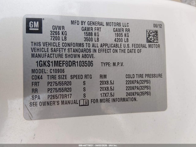 44770021 :رقم المزاد ، 1GKS1MEF8DR103506 vin ، 2013 Gmc Yukon Xl 1500 Denali مزاد بيع