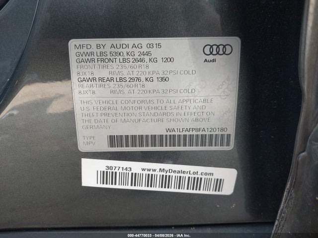 2015 Audi Q5 2.0t Premium მანქანა იყიდება აუქციონზე, vin: WA1LFAFP8FA120180, აუქციონის ნომერი: 44770033