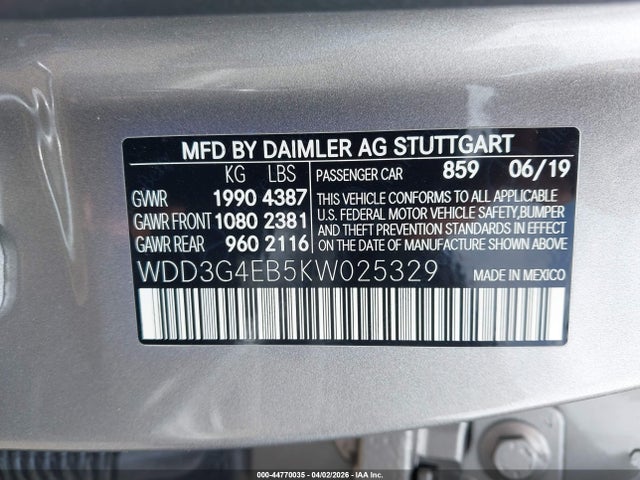 44770035 :رقم المزاد ، WDD3G4EB5KW025329 vin ، 2019 Mercedes-benz A 220 مزاد بيع
