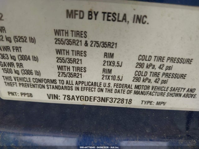 44770048 :رقم المزاد ، 7SAYGDEF3NF372818 vin ، 2022 Tesla Model Y Performance Dual Motor All-wheel Drive مزاد بيع