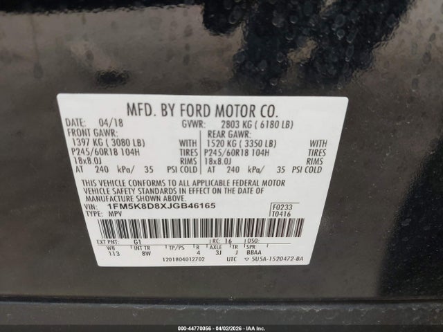 44770056 :رقم المزاد ، 1FM5K8D8XJGB46165 vin ، 2018 Ford Explorer Xlt مزاد بيع