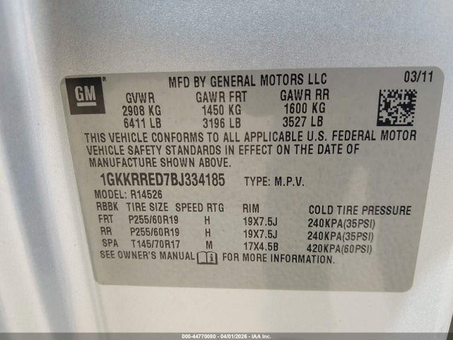 2011 Gmc Acadia Slt-1 მანქანა იყიდება აუქციონზე, vin: 1GKKRRED7BJ334185, აუქციონის ნომერი: 44770080