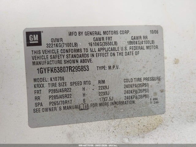 Aukcja sprzedaży 2007 Cadillac Escalade Standard, vin: 1GYFK63807R295853, numer aukcji: 44770100