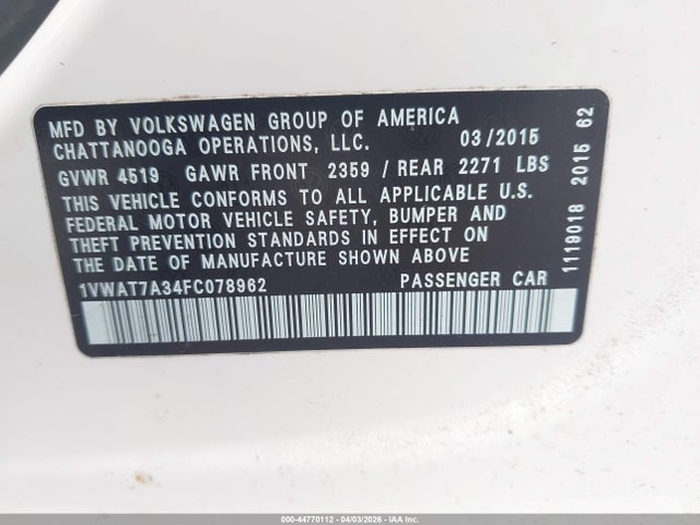 Aukcja sprzedaży 2015 Volkswagen Passat 1.8t Limited Edition, vin: 1VWAT7A34FC078962, numer aukcji: 44770112