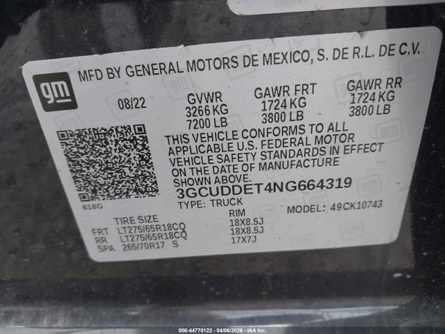 3GCUDDET4NG664319 Chevrolet Silverado 1500 4wd Standard Bed Lt