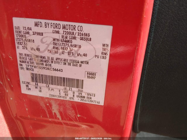 2005 Ford F-150 Fx4/lariat/xlt მანქანა იყიდება აუქციონზე, vin: 1FTPW14595KC56643, აუქციონის ნომერი: 44770137