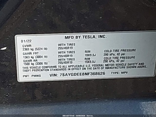 Aukcja sprzedaży 2022 Tesla Model Y Long Range Dual Motor All-wheel Drive, vin: 7SAYGDEE8NF368626, numer aukcji: 44770140
