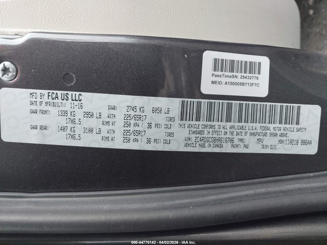 44770142 :رقم المزاد ، 2C4RDGCG8HR616706 vin ، 2017 Dodge Grand Caravan Sxt مزاد بيع