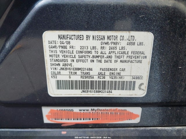 Aukcja sprzedaży 2008 Infiniti G35 Journey, vin: JNKBV61E88M221484, numer aukcji: 44770149