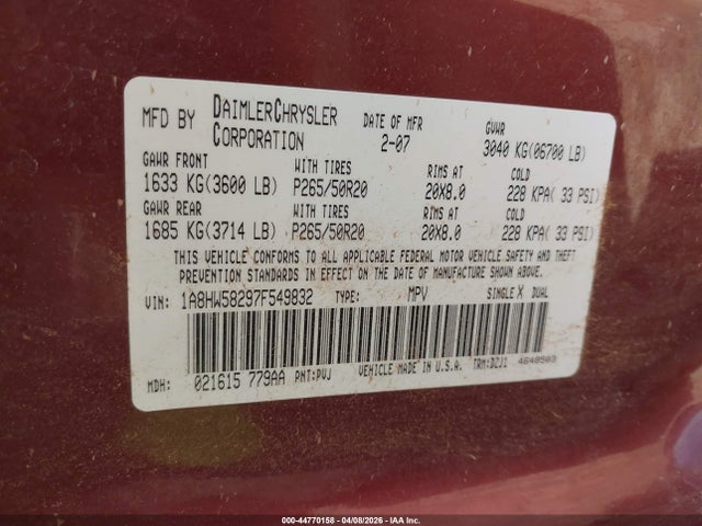 Aukcja sprzedaży 2007 Chrysler Aspen Limited, vin: 1A8HW58297F549832, numer aukcji: 44770158