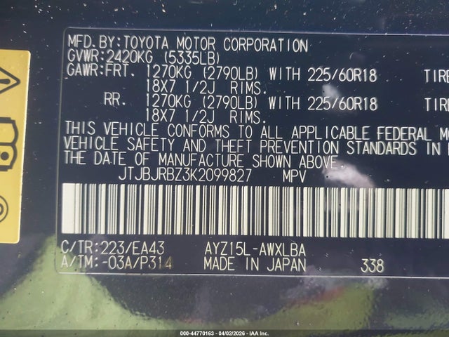44770163 :رقم المزاد ، JTJBJRBZ3K2099827 vin ، 2019 Lexus Nx 300h مزاد بيع