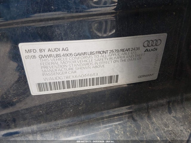 Продаж на аукціоні авто 2006 Audi A4 3.2, vin: WAUDG78EX6A044643, номер лоту: 44770171