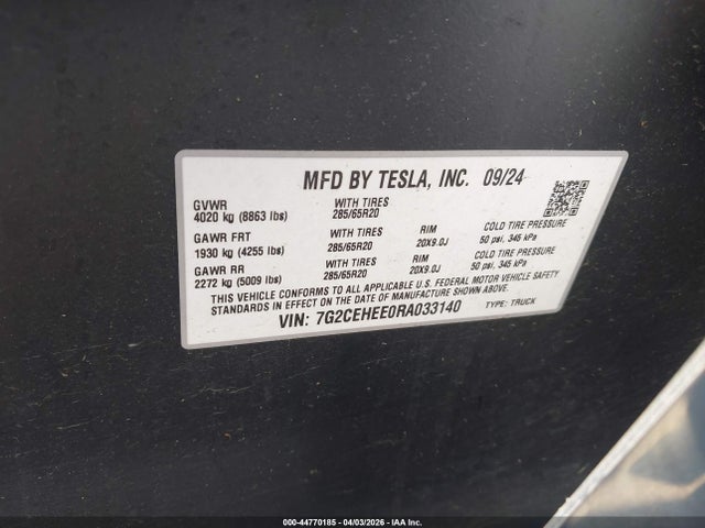 44770185 :رقم المزاد ، 7G2CEHEE0RA033140 vin ، 2024 Tesla Cybertruck Cyberbeast مزاد بيع
